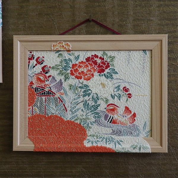 0028　Frame art 【Ryukyu Bingata Flowing water chrysanthemum pattern and bird pattern】 Hand-dyed Kimono Remake Handmade Interior