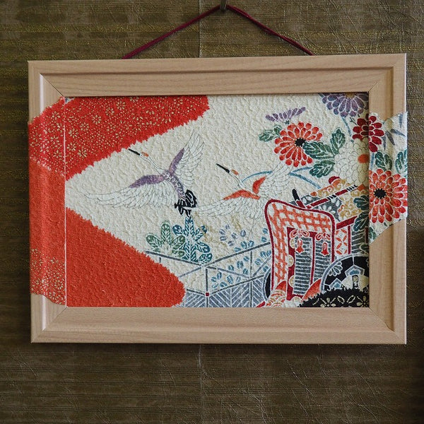 0028　Frame art 【Ryukyu Bingata Flowing water chrysanthemum pattern and bird pattern】 Hand-dyed Kimono Remake Handmade Interior