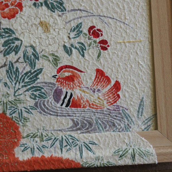 0028　Frame art 【Ryukyu Bingata Flowing water chrysanthemum pattern and bird pattern】 Hand-dyed Kimono Remake Handmade Interior