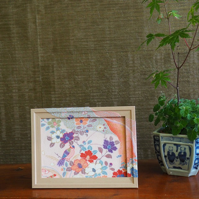 0029　Frame art 【Kimono scraps with bird and seasonal flower patterns】 Hand-dyed Kimono Remake Handmade Interior