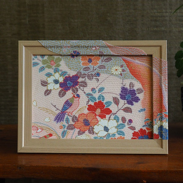 0029　Frame art 【Kimono scraps with bird and seasonal flower patterns】 Hand-dyed Kimono Remake Handmade Interior