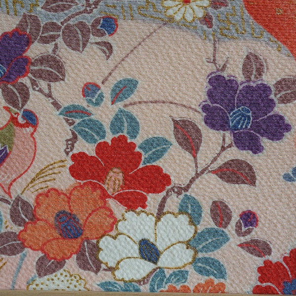 0029　Frame art 【Kimono scraps with bird and seasonal flower patterns】 Hand-dyed Kimono Remake Handmade Interior