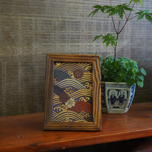 0035　Frame Art 【Standing wave, blue sea wave and cherry blossom pattern】/ hand woven Hand-dyed Kimono Remake Handmade Interior