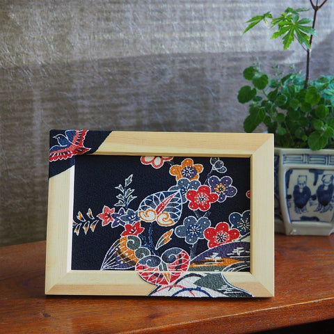 0038　Frame art 【Ryukyu Bingata Cherry blossoms, hollyhock, paulownia and bird motif】/ Hand-dyed Kimono Remake Handmade Interior