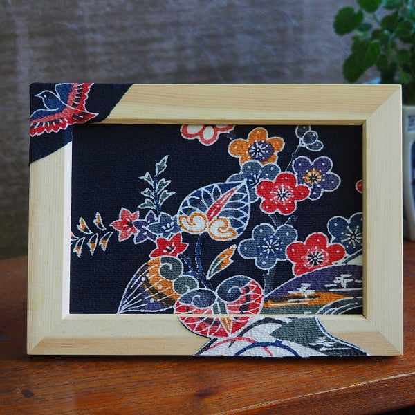 0038　Frame art 【Ryukyu Bingata Cherry blossoms, hollyhock, paulownia and bird motif】/ Hand-dyed Kimono Remake Handmade Interior