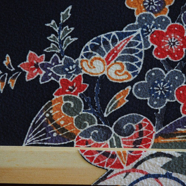 0038　Frame art 【Ryukyu Bingata Cherry blossoms, hollyhock, paulownia and bird motif】/ Hand-dyed Kimono Remake Handmade Interior