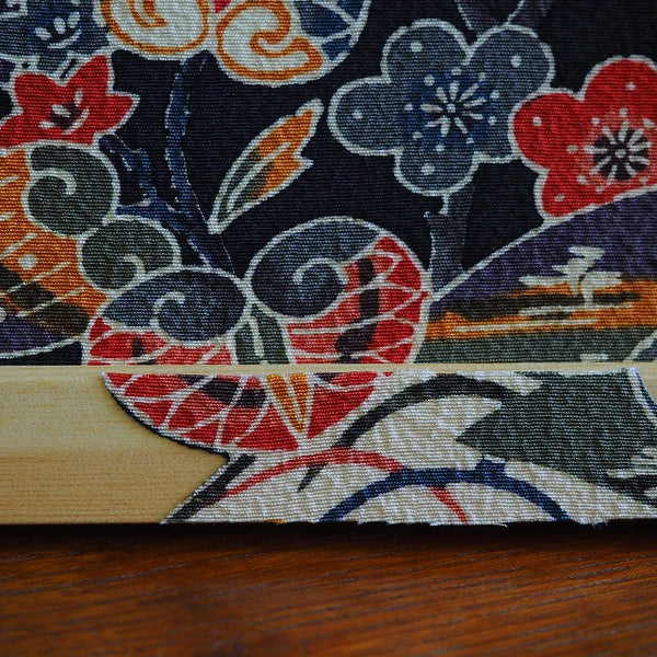 0038　Frame art 【Ryukyu Bingata Cherry blossoms, hollyhock, paulownia and bird motif】/ Hand-dyed Kimono Remake Handmade Interior