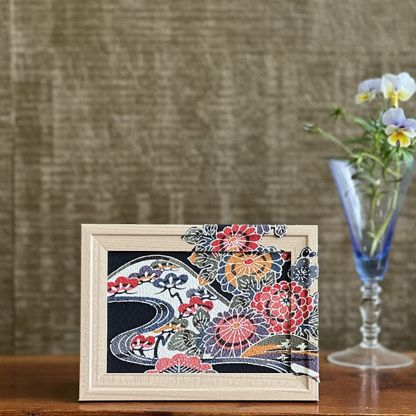 0040　Frame art 【Ryukyu Bingata Flowing Water Chrysanthemum and Pine Pattern】 Hand-dyed Kimono Remake Handmade Interior