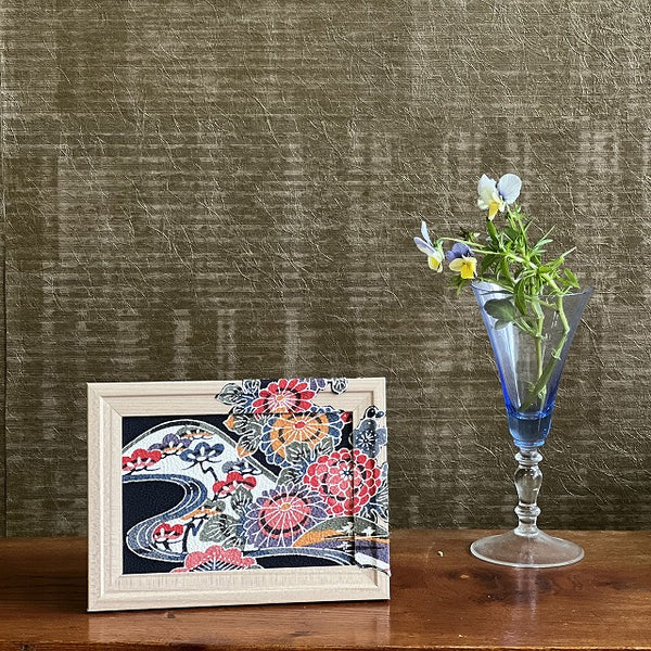 0040　Frame art 【Ryukyu Bingata Flowing Water Chrysanthemum and Pine Pattern】 Hand-dyed Kimono Remake Handmade Interior