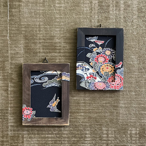 0041　Frame art 【Ryukyu Bingata Flowing water chrysanthemum pattern and bird pattern】 Hand-dyed Kimono Remake Handmade Interior