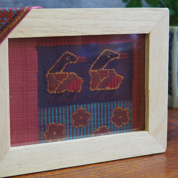 0049　Frame art 【Bird design】Woven pattern obi Remake Handmade Interior