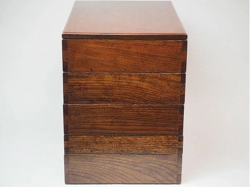 0719 A five-tiered, lacquered box made of oak wood.<BR><BR>　/ 02 Japan "Bento box"　重箱 /JAPAN japanese antique vintage lacquerware