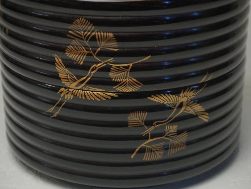 0596 A three-tiered round bento box with a crane and pine tree pattern　<BR><BR>/ 02 Japan "Bento box"　重箱 /JAPAN japanese antique vintage lacquerware