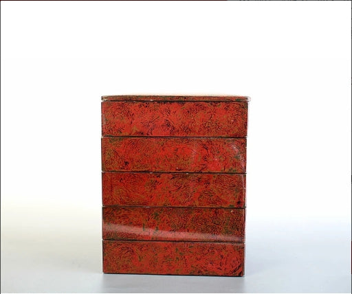 0170 A five-tiered bento box decorated with a moss pattern, characteristic of Tsugaru lacquerware..　<BR>/ 02 Japan "Bento box"　重箱 /JAPAN japanese antique vintage lacquerware