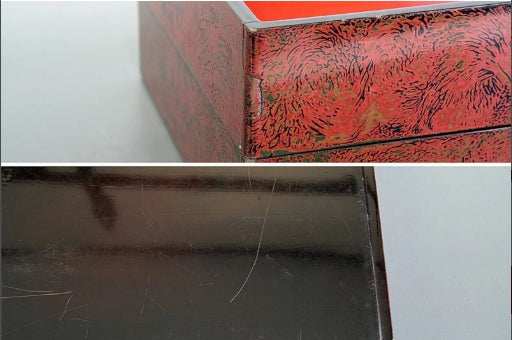0170 A five-tiered bento box decorated with a moss pattern, characteristic of Tsugaru lacquerware..　<BR>/ 02 Japan "Bento box"　重箱 /JAPAN japanese antique vintage lacquerware