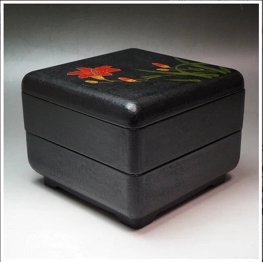 0790 Floral patterned two-tiered bento box　/ 02 Japan "Bento box"　重箱 /JAPAN japanese antique vintage lacquerware