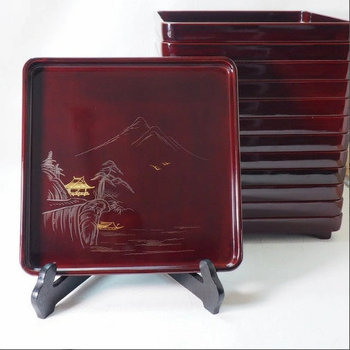 <br>会席膳 溜塗 お膳 7枚組　Set of 7 lacquered trays 0003<br>漆器 天然木 漆<BR><BR>02 Japan "zen"　膳　JAPAN antique vintage tableware lacquerware try