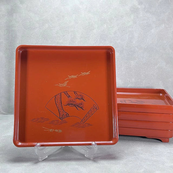 <br>会席膳 絵巻文様お膳 5枚組 0008 Patterned trays, set of 5, 0008<br>漆器 天然木 漆<BR><BR>02 Japan "zen"　膳　JAPAN antique vintage tableware lacquerware try