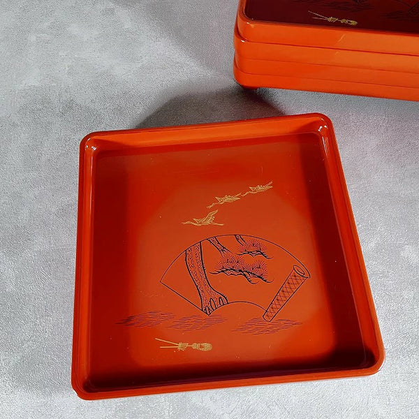<br>会席膳 絵巻文様お膳 5枚組 0008 Patterned trays, set of 5, 0008<br>漆器 天然木 漆<BR><BR>02 Japan "zen"　膳　JAPAN antique vintage tableware lacquerware try