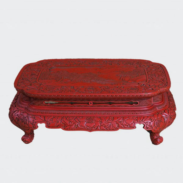 Murakami Wood Carving Tsuishu Peony Figure Flat Table 0035　/　1102　Japan "zen"　膳/JAPAN japanese antique vintage lacquerware