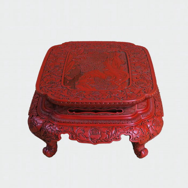 Murakami Wood Carving Tsuishu Peony Figure Flat Table 0035　/　1102　Japan "zen"　膳/JAPAN japanese antique vintage lacquerware