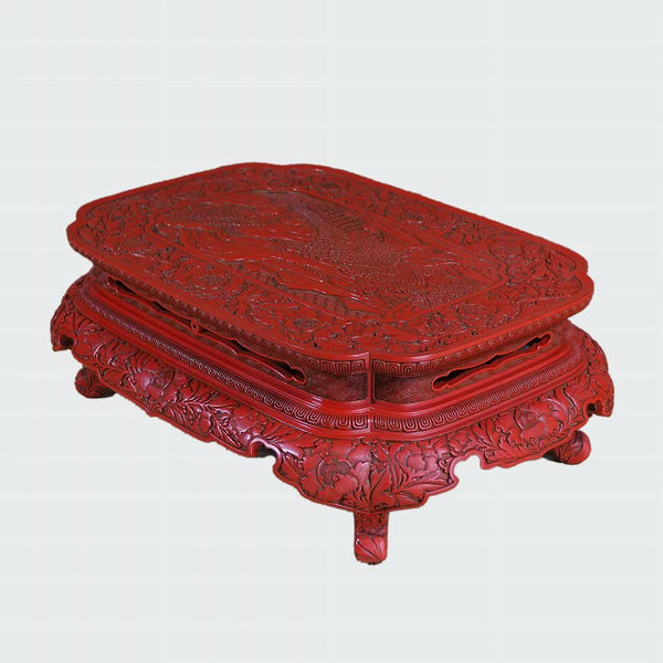Murakami Wood Carving Tsuishu Peony Figure Flat Table 0035　/　1102　Japan "zen"　膳/JAPAN japanese antique vintage lacquerware