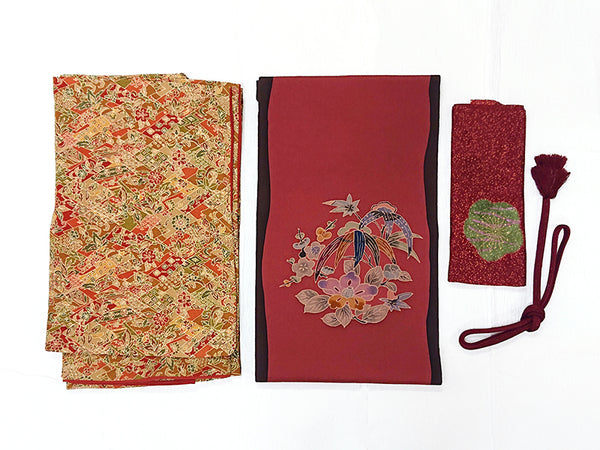 Kimono set of chintz that is colored even more by layering red　0001　赤色を重ねて一層色づく 寄せ裂更紗の小紋セット　正絹 着物・帯・帯揚げ・帯締め　4点セット