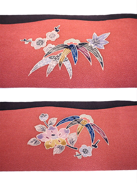 Kimono set of chintz that is colored even more by layering red　0001　赤色を重ねて一層色づく 寄せ裂更紗の小紋セット　正絹 着物・帯・帯揚げ・帯締め　4点セット