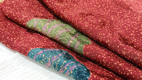 Kimono set of chintz that is colored even more by layering red　0001　赤色を重ねて一層色づく 寄せ裂更紗の小紋セット　正絹 着物・帯・帯揚げ・帯締め　4点セット