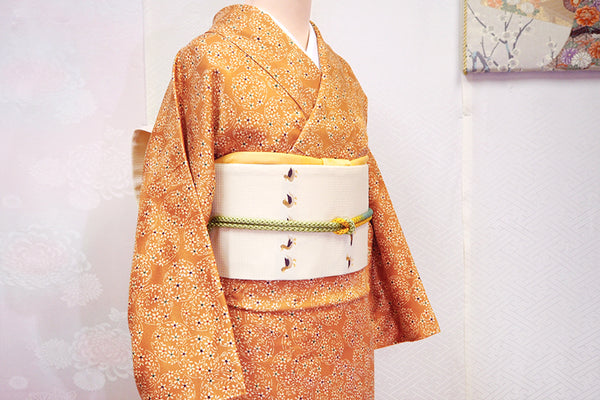 Kimono set with a flower circle pattern that is elegantly colored by using kimono accessories　0002　小物使いで上品に色づく 花丸紋の小紋セット　正絹 着物・帯・帯揚げ・帯締め　4点セット