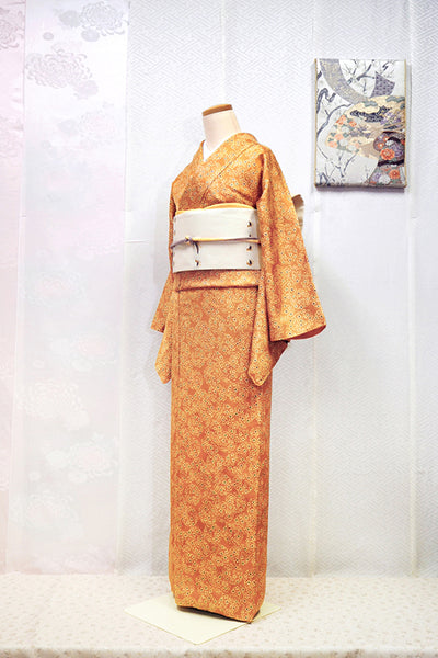 Kimono set with a flower circle pattern that is elegantly colored by using kimono accessories　0002　小物使いで上品に色づく 花丸紋の小紋セット　正絹 着物・帯・帯揚げ・帯締め　4点セット