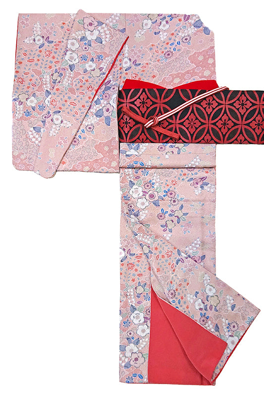 Kimono set with pink and red "Tsujigahana" pattern　0003　くすみピンクと赤色で上品に色づく 辻が花紋様の小紋着物セット　正絹 着物・帯・帯揚げ・帯締め　4点セット