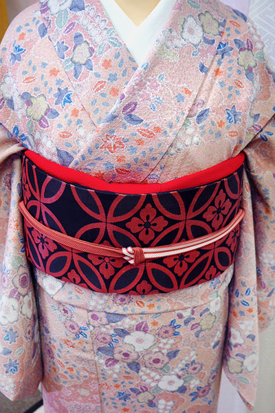 Kimono set with pink and red "Tsujigahana" pattern　0003　くすみピンクと赤色で上品に色づく 辻が花紋様の小紋着物セット　正絹 着物・帯・帯揚げ・帯締め　4点セット