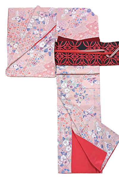 Kimono set with pink and red "Tsujigahana" pattern　0003　くすみピンクと赤色で上品に色づく 辻が花紋様の小紋着物セット　正絹 着物・帯・帯揚げ・帯締め　4点セット