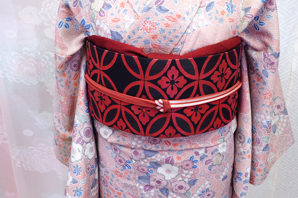 Kimono set with pink and red "Tsujigahana" pattern　0003　くすみピンクと赤色で上品に色づく 辻が花紋様の小紋着物セット　正絹 着物・帯・帯揚げ・帯締め　4点セット