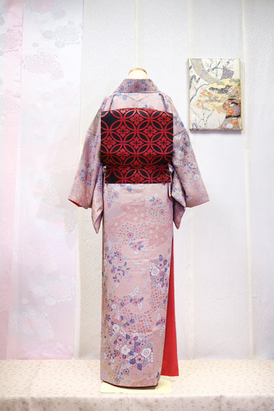 Kimono set with pink and red "Tsujigahana" pattern　0003　くすみピンクと赤色で上品に色づく 辻が花紋様の小紋着物セット　正絹 着物・帯・帯揚げ・帯締め　4点セット