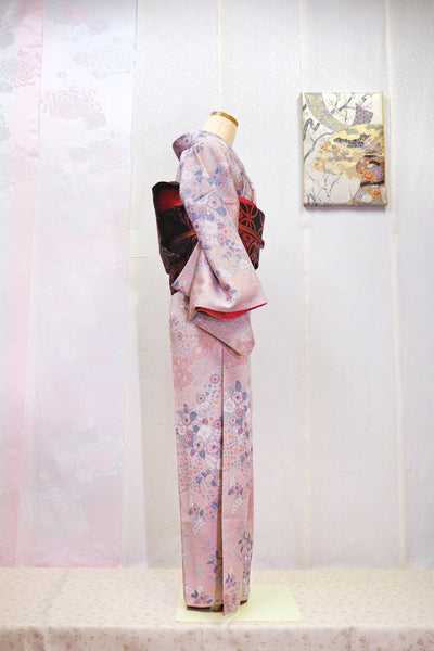 Kimono set with pink and red "Tsujigahana" pattern　0003　くすみピンクと赤色で上品に色づく 辻が花紋様の小紋着物セット　正絹 着物・帯・帯揚げ・帯締め　4点セット