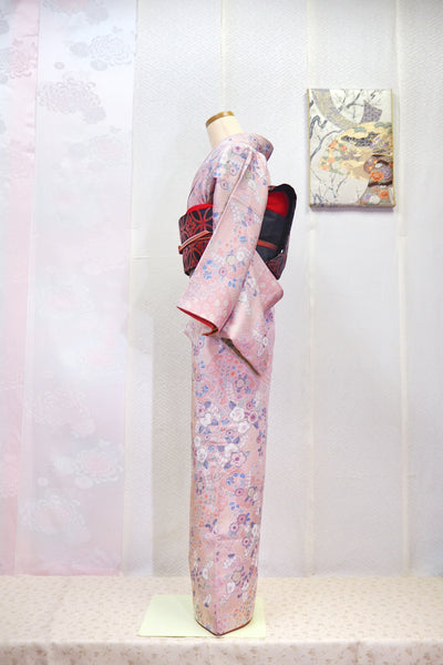 Kimono set with pink and red "Tsujigahana" pattern　0003　くすみピンクと赤色で上品に色づく 辻が花紋様の小紋着物セット　正絹 着物・帯・帯揚げ・帯締め　4点セット