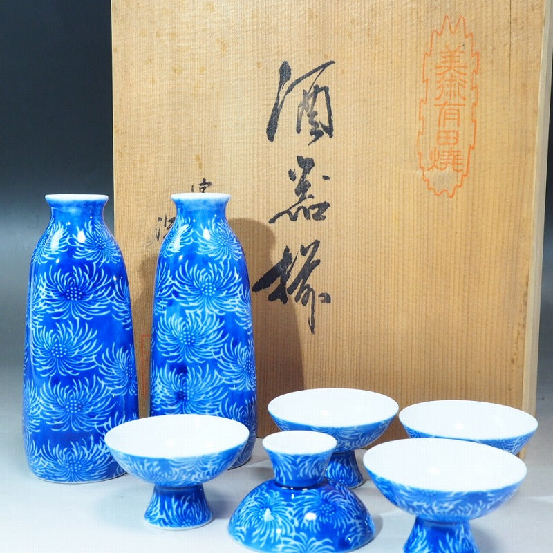 "Sake bottle and sakazuki" 0004 Aritayaki　”Fukagawaseiji”　Japanese porcelain Sake set