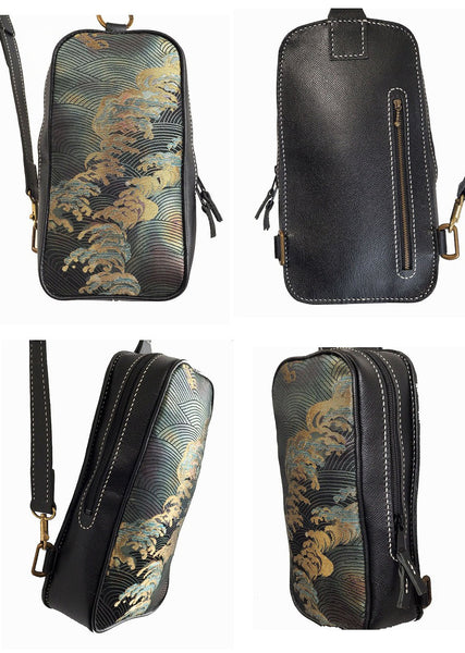 "Big wave" 0001　Japanese obi and genuine leather bag