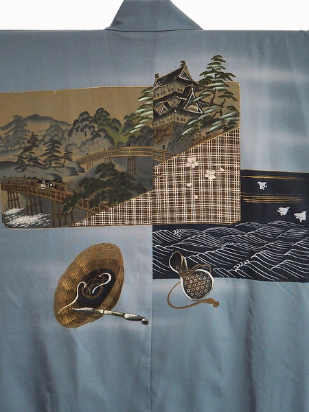 "Juban" 0025 Edo Castle, Wave Chidori and Travel Tools Patterns　Japanese vintage kimono underwea