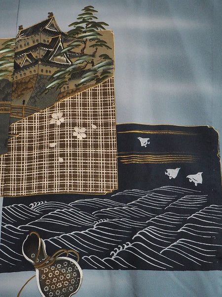"Juban" 0025 Edo Castle, Wave Chidori and Travel Tools Patterns　Japanese vintage kimono underwea
