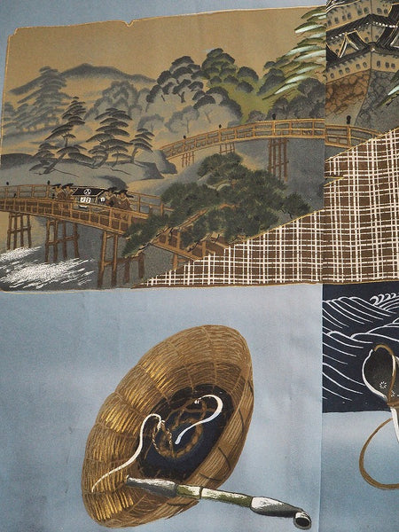 "Juban" 0025 Edo Castle, Wave Chidori and Travel Tools Patterns　Japanese vintage kimono underwea