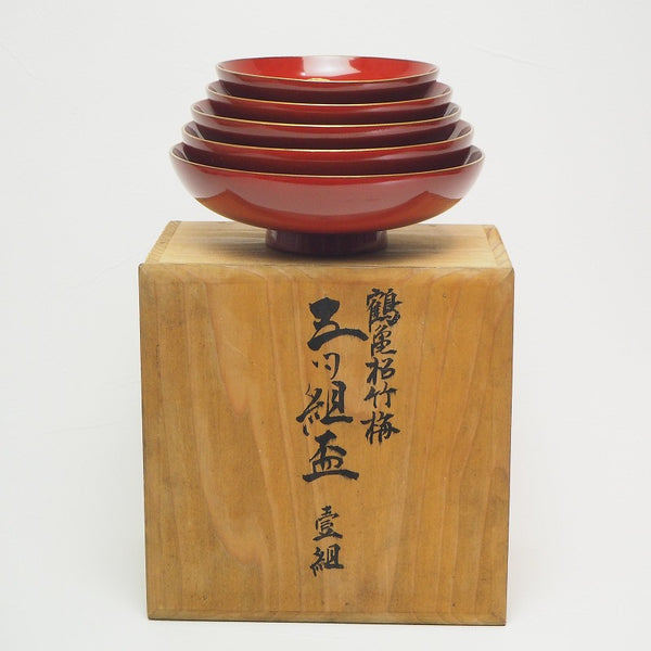 "Sakazuki" 0001 Five sets of sake cups of crane, turtle, pine, bamboo and plum pattern　02 Japan "sakazuki"　盃