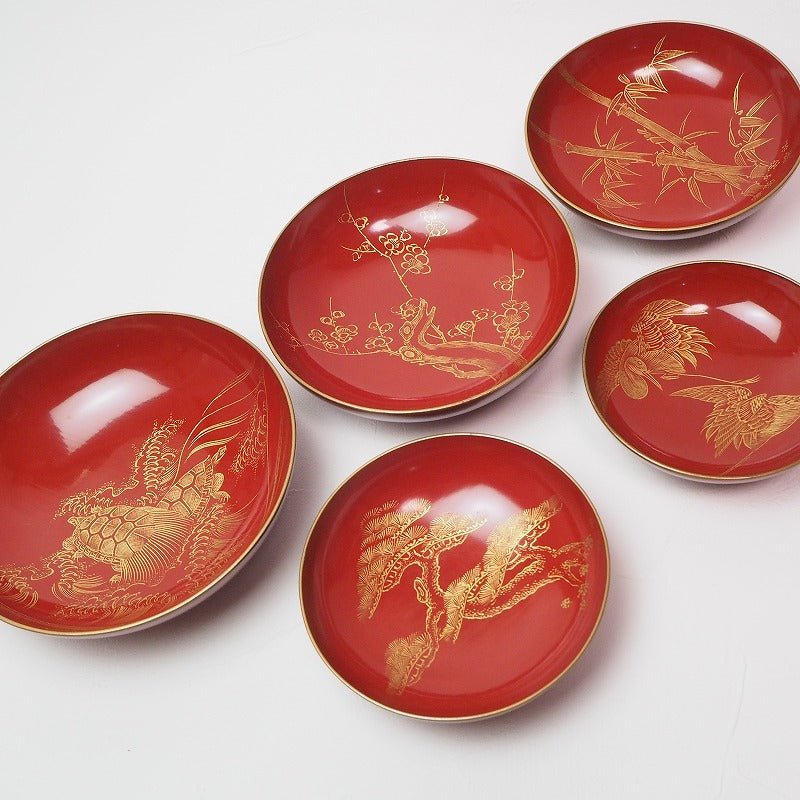 "Sakazuki" 0001 Five sets of sake cups of crane, turtle, pine, bamboo and plum pattern　02 Japan "sakazuki"　盃